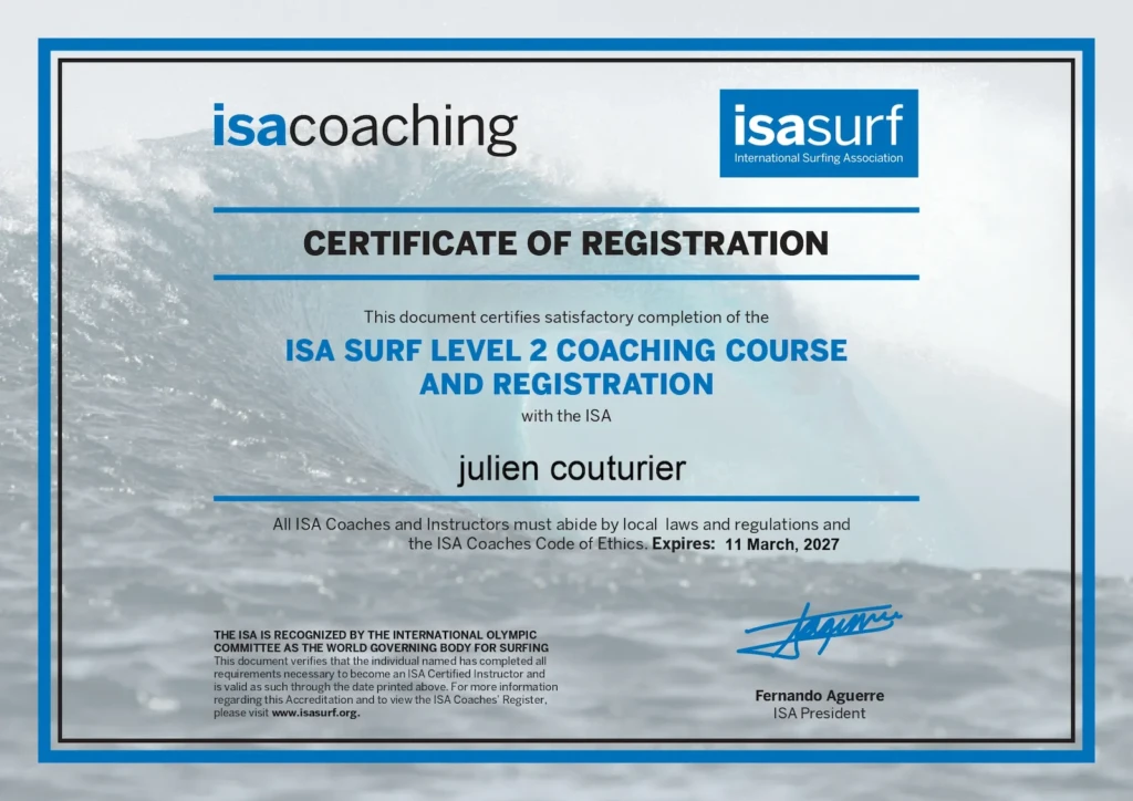 Certificat ISA Surf Level 2 Coaching Course de Julien Couturier, valable jusqu’au 11 mars 2027