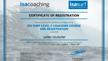 Julien Couturier's ISA Surf Level 2 Coaching Course certificate, valid until March 11, 2027