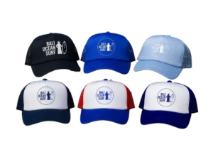 6 Bali Ocean Surf trucker caps available in black, royal blue, sky blue, navy white, red white, and blue white with surf logo