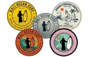 5 round sticker models, Bali Ocean Surf, vintage designs, surf school. Since 2013.